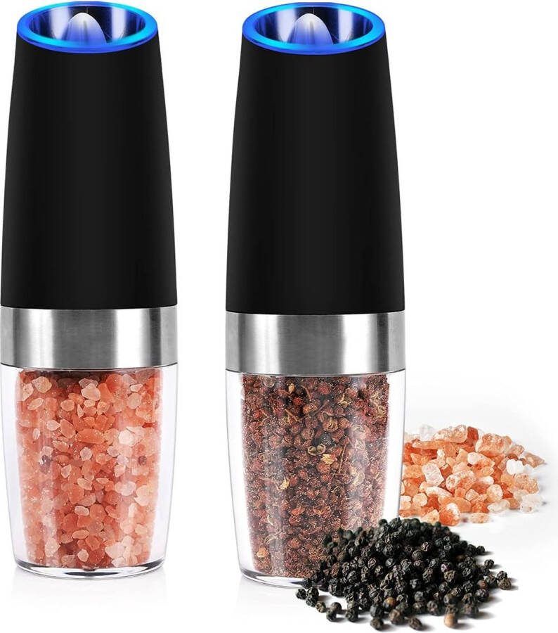 Elektrische zout- en pepermolen Elektrische peper- en zoutmolen met instelbare grofheid Zoutmolen Pepermolen Automatische Switch Spices Shaker voor vaste kruiden Set van 2 (Zwart)