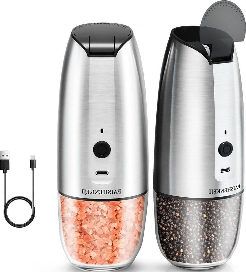 Elektrische Zout- en Pepermolen Oplaadbaar USB: Automatische Pepermolen Set Zwaartekracht Malen Instelbaar Zoutmolen Grofheid Instelbaar 2-Delige Set Zilver salt and pepper grinder set copper