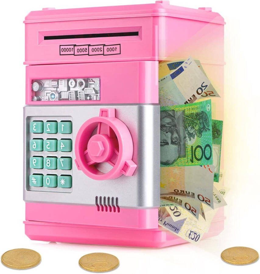 Elektronisch Spaarvarken Geldautomaat Auto-Scroll Cash Munt Piggy Bank Wachtwoord Kluis Brandkast voor 4-11 jarige Jongens Meisjes Roze