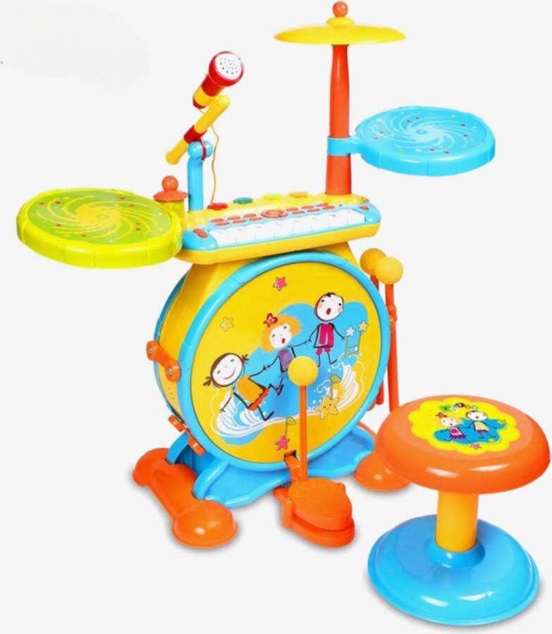 Cliste Elektronische Piano en Drumkit voor kinderen Realistisch drumgeluid 8-toetsen toetsenbord Mp3-stekker Inclusief stoel Blauw Geel Educatief Babyspeelgoed Geluid en Spelletjes