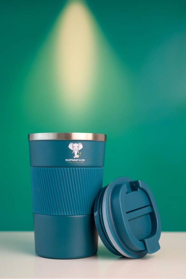 Elephant & Co Koffie beker Thermosbeker Theebeker Duurzaam Herbruikbaar RVS Blauw