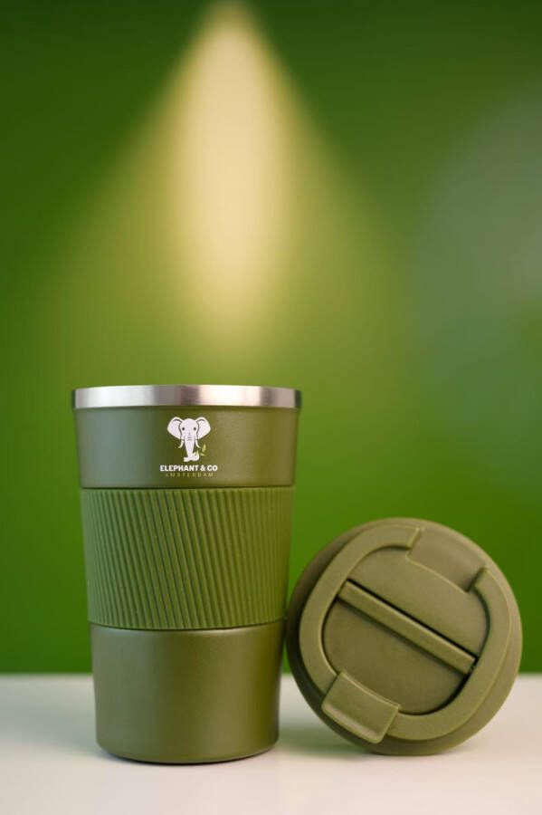 Elephant & Co Koffie beker Thermosbeker Theebeker Duurzaam herbruikbaar RVS- Groen
