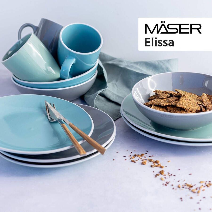 Elissa 931770 Serie Modern serviesset voor 6 personen in turquoise met witte rand 24-delig combiservies aardewerk