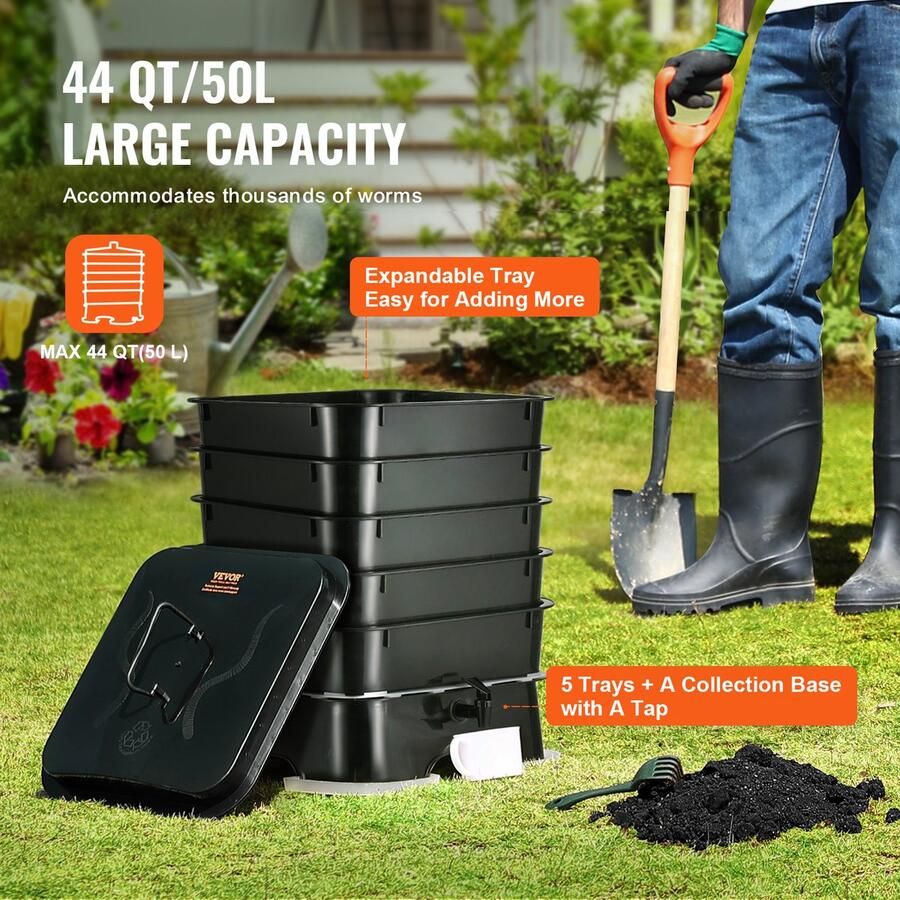EliteNest 5-Tray Worm Compostbak HDPE Materiaal Uitbreidbaar Ontwerp Voor Binnen & Buiten 50L Capaciteit Ventilatiegaten Makkelijk Te Monteren Duurzaam & Recyclebaar