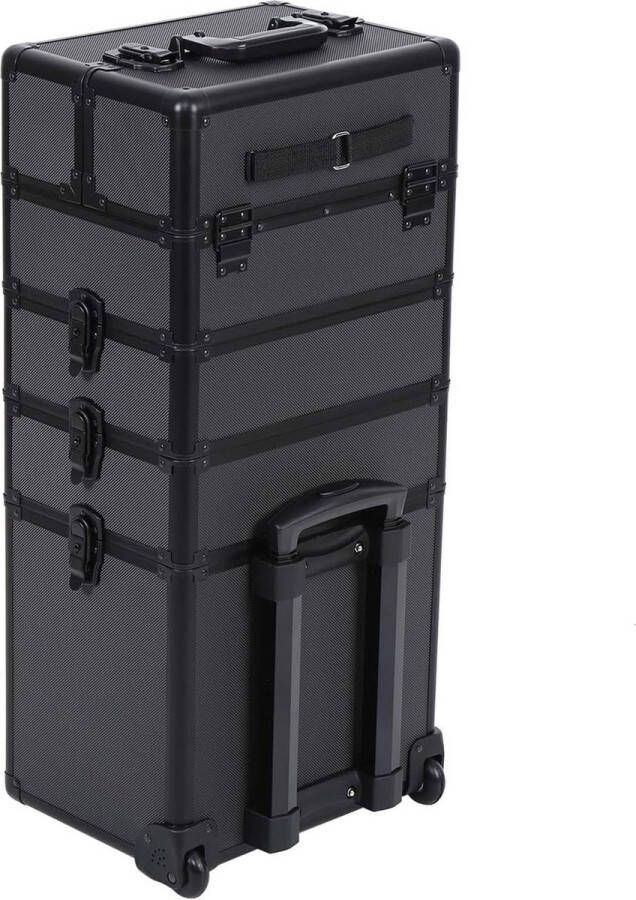 EliteNest Cosmetische Koffer Aluminium 4-in-1 Rollende Trolley Grote Capaciteit Professionele Schoonheidstas Zwart