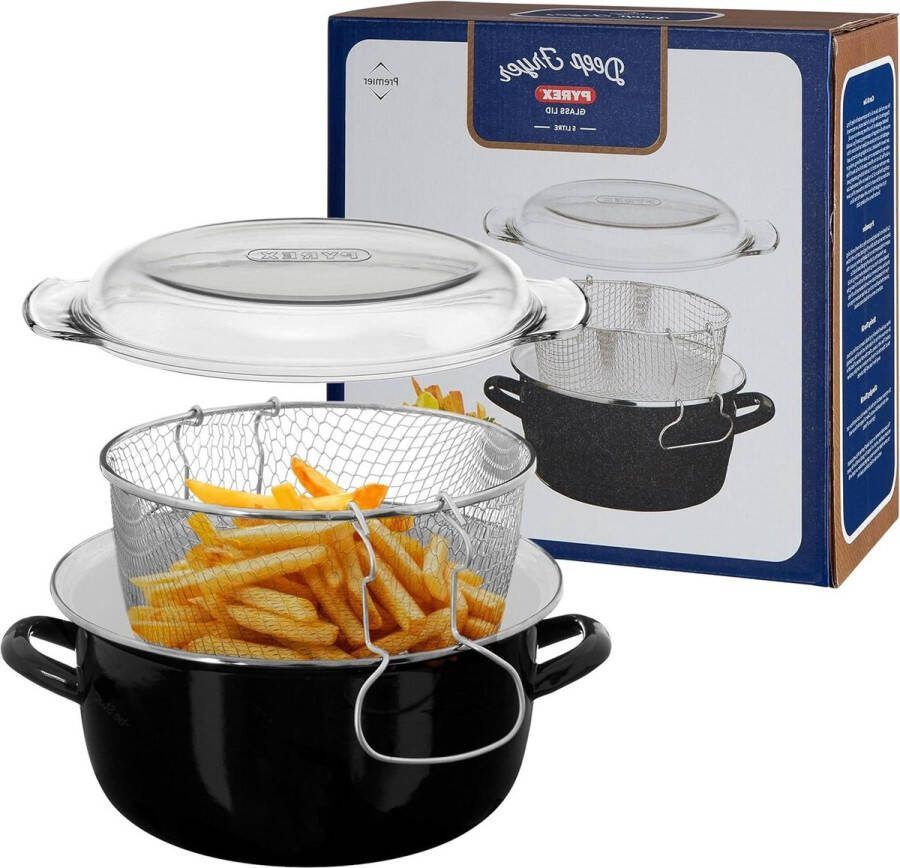 Emaille Chip Pan Fryer 5L Met Glazen Deksel Zwarte Frituurpan Kleine Friteuse 16x33x27