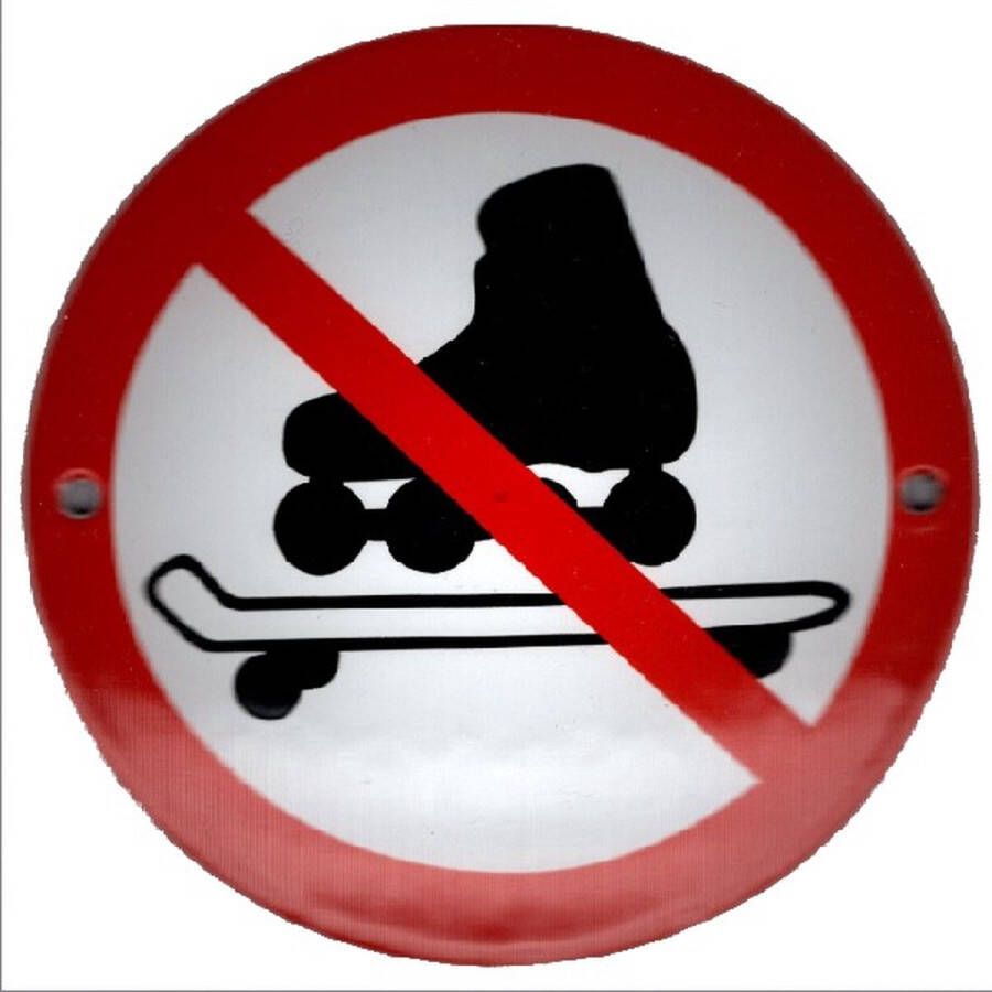 Emaille verbodsbord en wandbord verboden te skaten rolschaatsen skateboard skateboarden 10 cm Rond