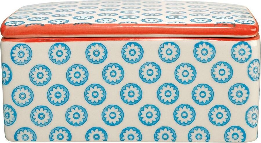 Botervloot met deksel vintage blauw-rood keramiek 13 x 6 x 10 cm stuk boter