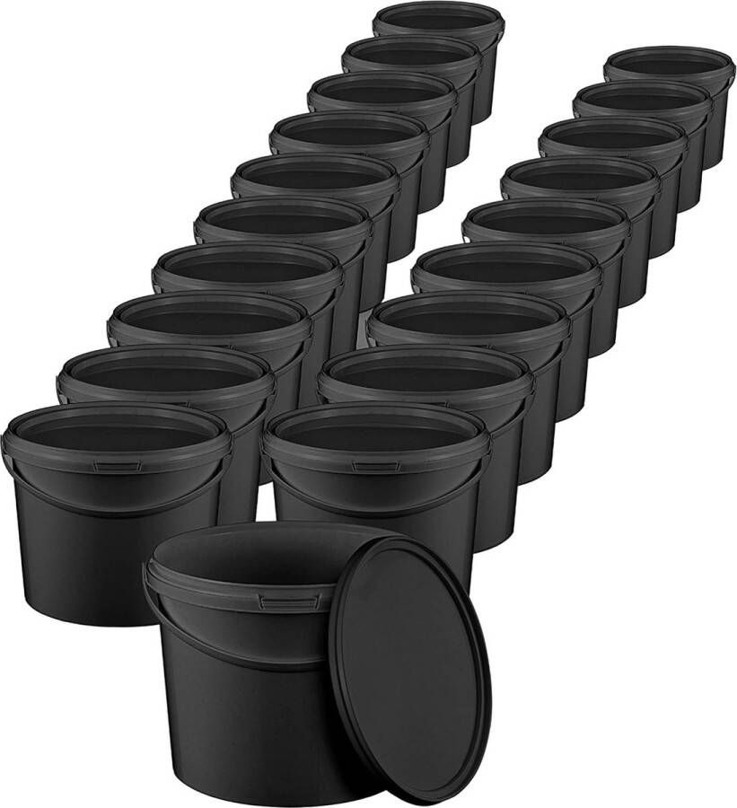 Emmer met deksel 1 l zwart 20 x 1 liter geschikt voor levensmiddelen stabiel luchtdicht lekvrij geurneutraal bewaardoos van kunststof met handvat leeg