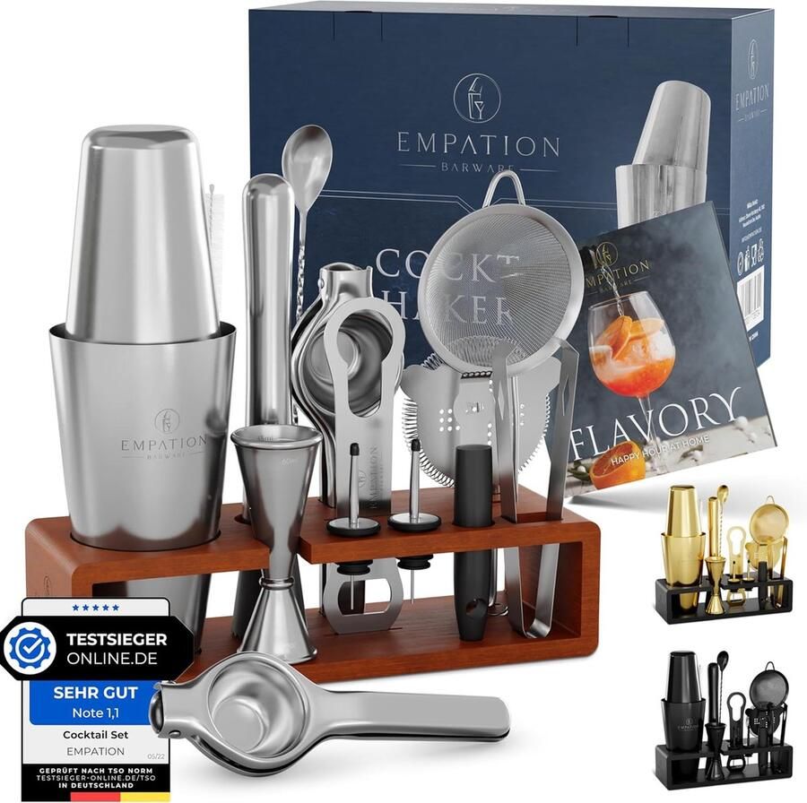 EMPATION Boston Cocktail Set [testwinnaar] 825 ml Boston Cocktail Shaker van roestvrij staal gemakkelijk te openen en geen klemmen professionele cocktailshakerset met standaard en receptenboek