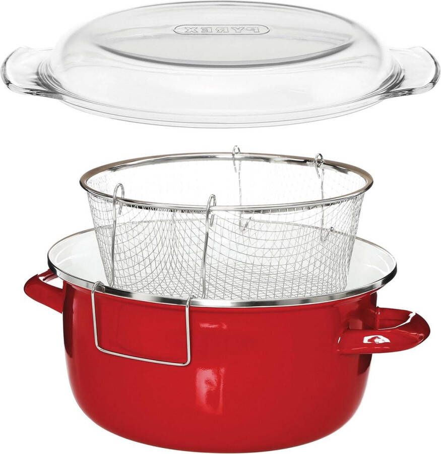 Enamel Chip Pan Friteuse Rode Friteuse 5L met Glazen Deksel Kleine Friteuse 16x33x27 Huisraad Frituurpan Mand Chipfriteuse