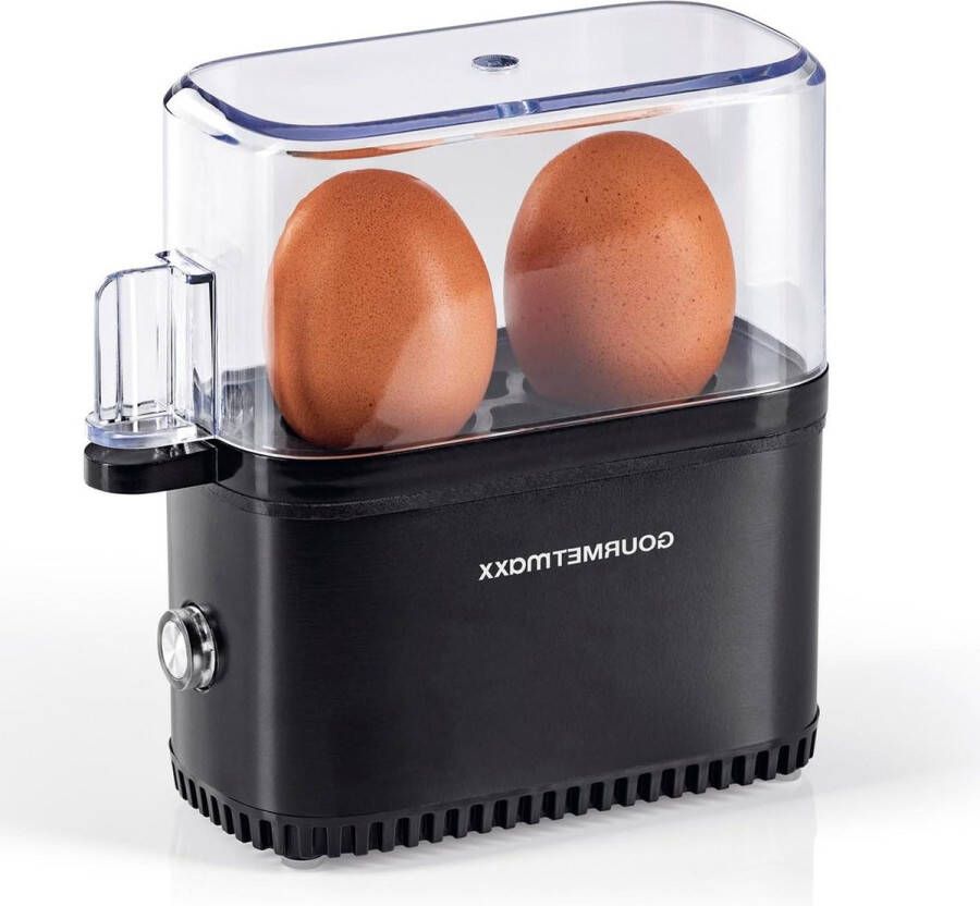 Enerigezuinige elektrische eierkoker voor 2 eieren eenvoudige bediening perfecte ontbijteieren maatbeker en eierprikker compact design BPA-vrij zwart eierprikker