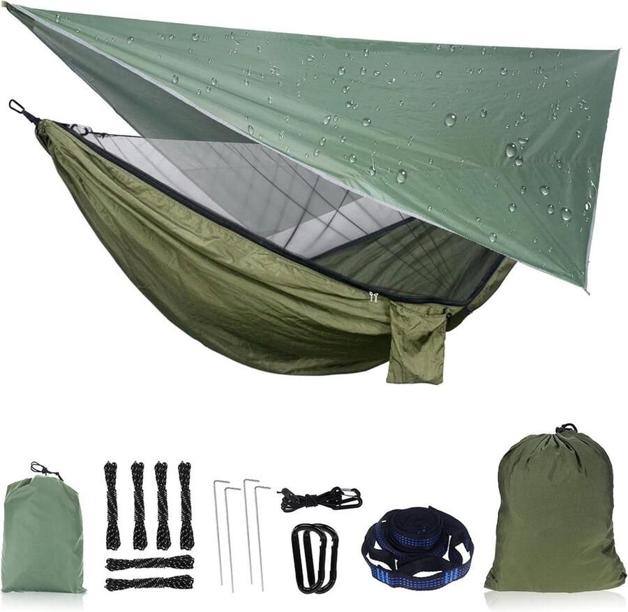 Enkele nylon parachutehangmat met klamboe en regenvliegzeil Camping hangmat set met boomriemen voor buiten Legergroen