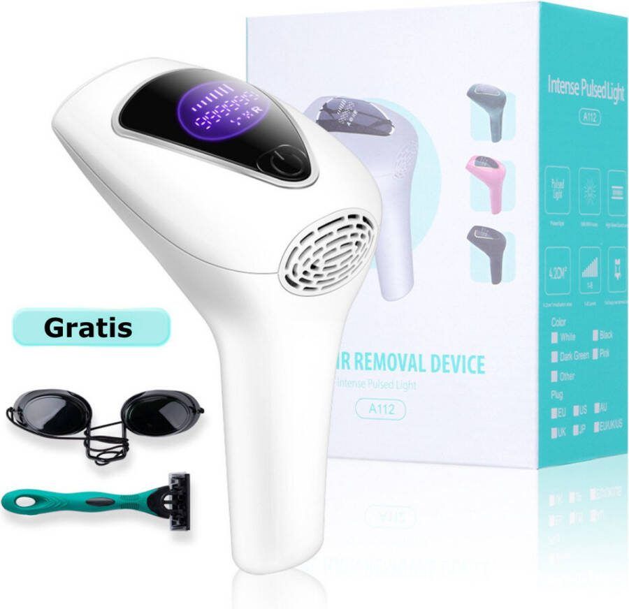 GUTEC Epileerapparaat Dames Voor Gezicht Laser Ontharingsapparaat 1000000 Flitsen IPL Ontharingsapparaat 8 Standen Veiligheidsbril Scheermesje Wit