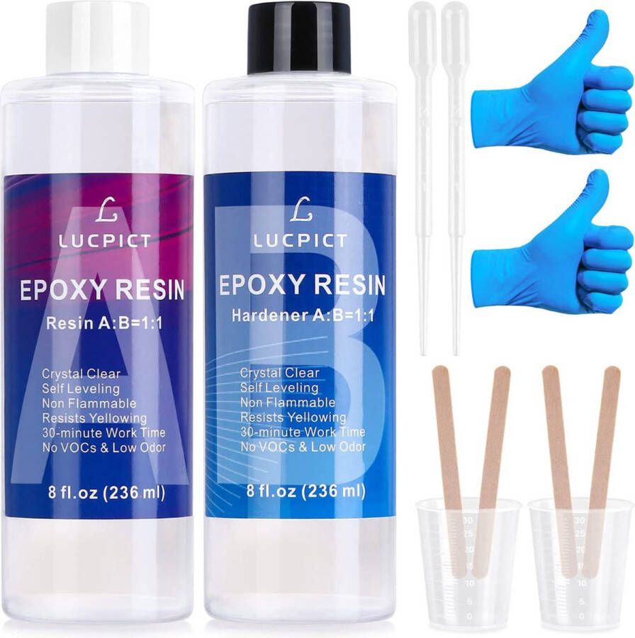 Epoxy Epoxyhars met verharder 472 ml epoxyharsset voor beginners glasheldere kunsthars epoxyhars met stokken maatbekers druppelaars handschoenen voor kunsthandwerk sieraden riviertafels hout