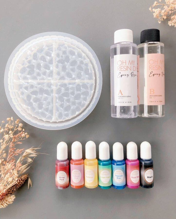 Epoxy Resin Giethars Starterspakket Hobbypakket Siliconen Mal Schaaltje Druzy Inclusief 7 pigmentpotjes inclusief giethars
