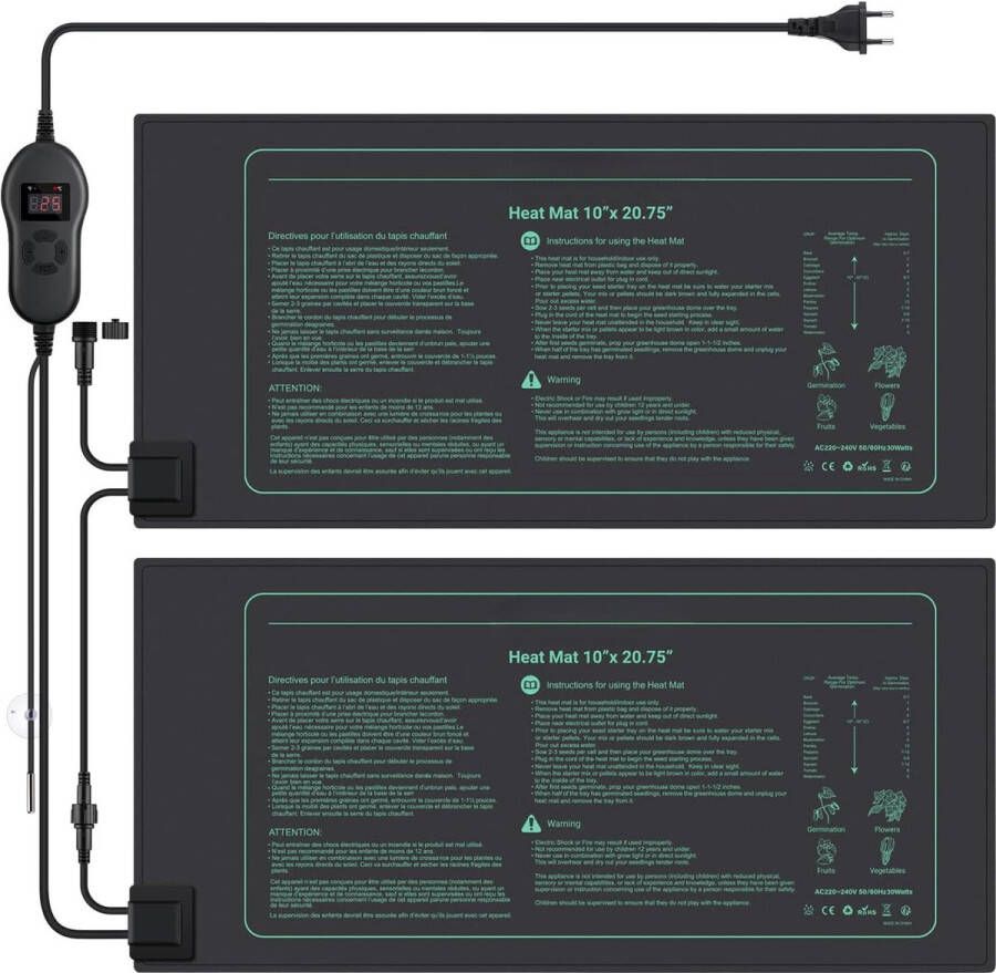 Equivera Warmtemat Planten 2 Stuks 1 Thermostaat 25 x 52 cm Waterdicht 30W Kweekmat verwarmingsmat Warmtemat Planten Kweken Verwarmingsmat Planten Propagator