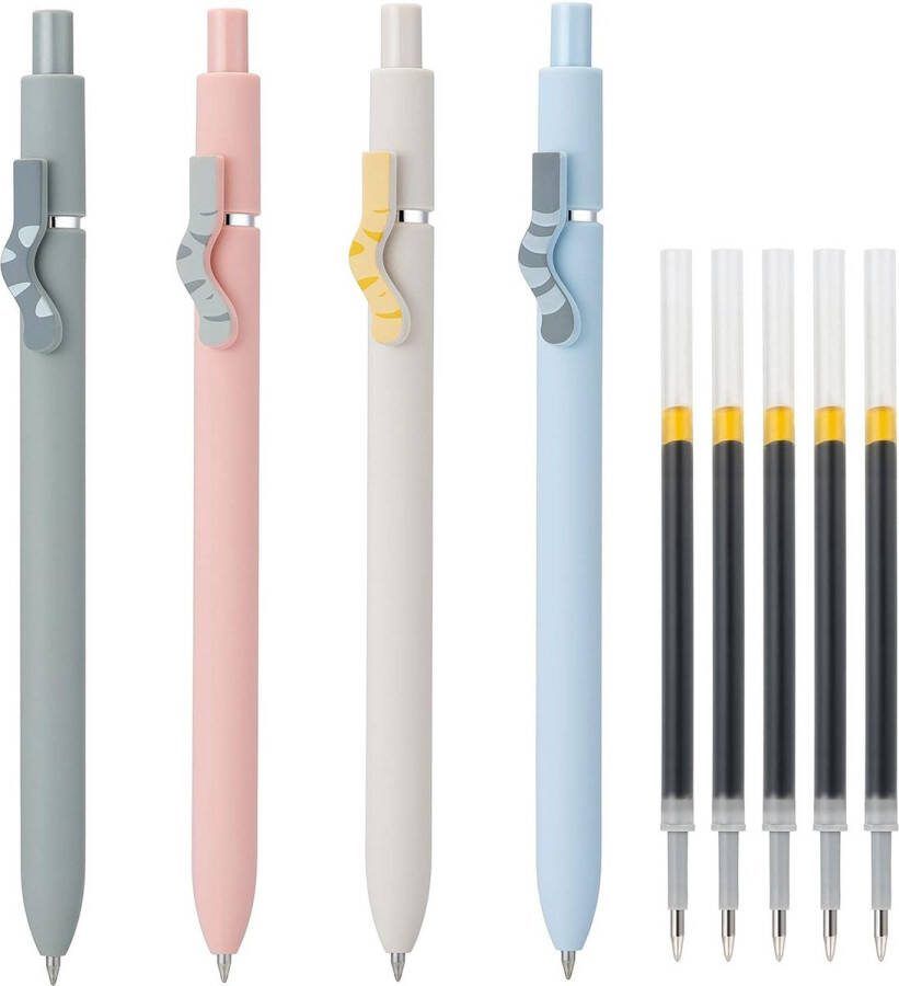 Erofa Zennyth 4 stuks schattige kat intrekbare gelpennen met extra vullingenset sneldrogende rollerball met zwarte inkt en fijne punt gel-inktpen voor soepel schrijven