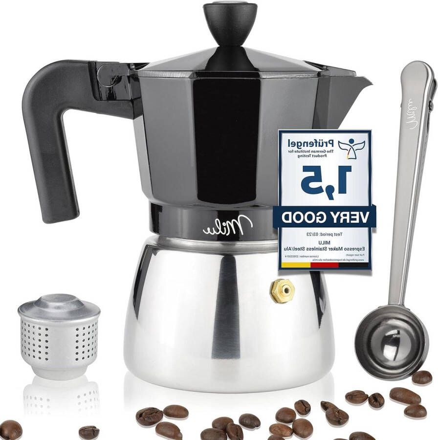 Espresso maker set geschikt voor inductie 3 6 9 kopjes aluminium mokkakan roestvrijstalen espressokan incl. lepel borstel zwart