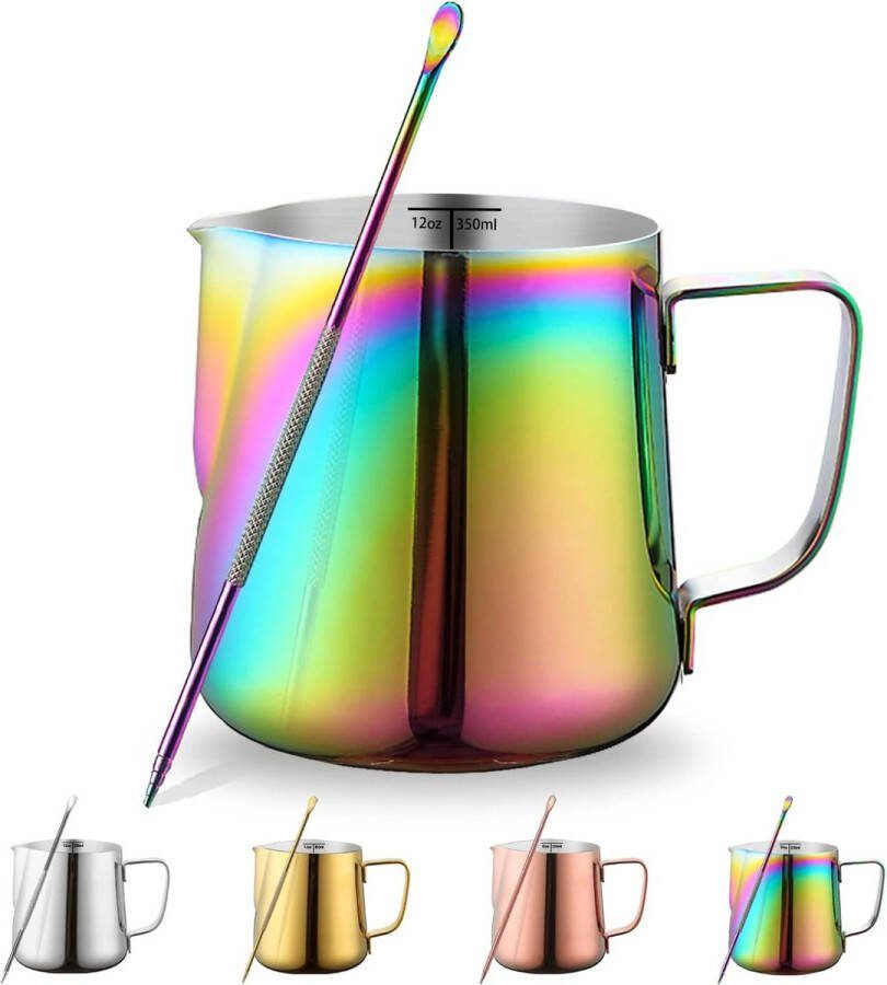 Espresso-stoompan 350 ml van roestvrij staal met decoratiestift cappuccino latte art barista stoomkannetje melkkannetje (regenboog)