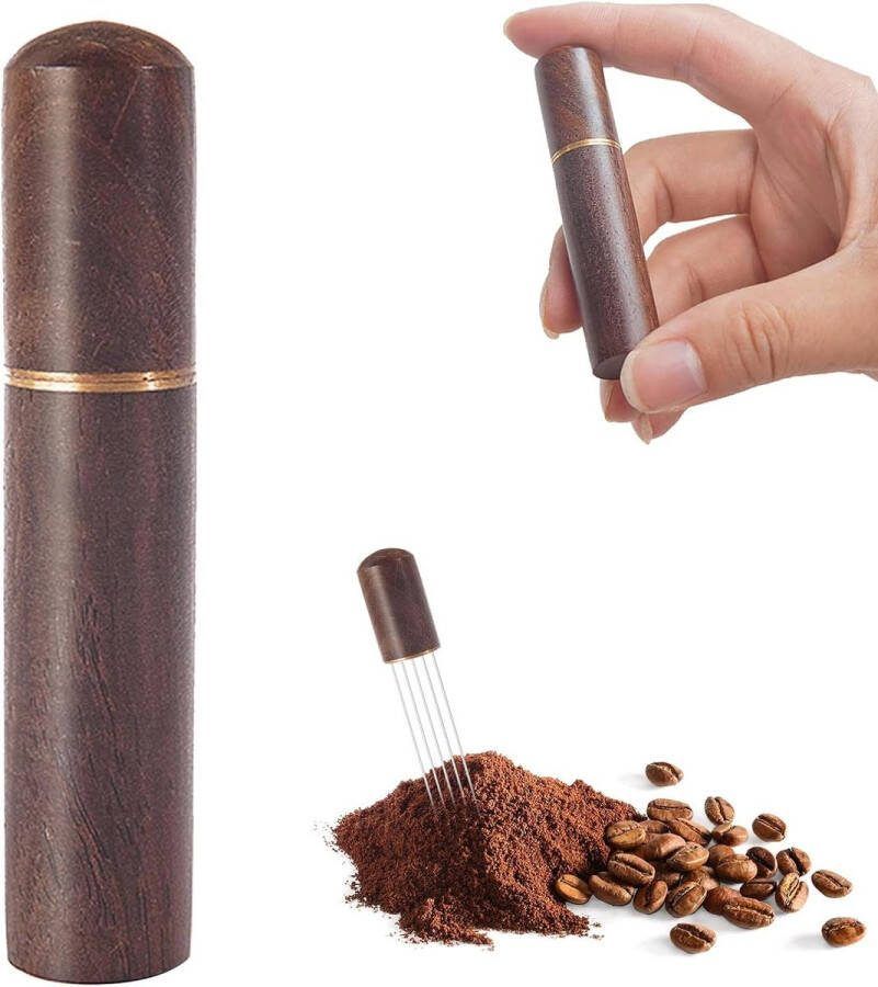 Espresso-verdelergereedschap met 6 fijne naalden 04 mm koffieaccessoires koffiestamper koffiestaafjes houten handvat espresso-naald koffiedistributeur tamper (notenboom)