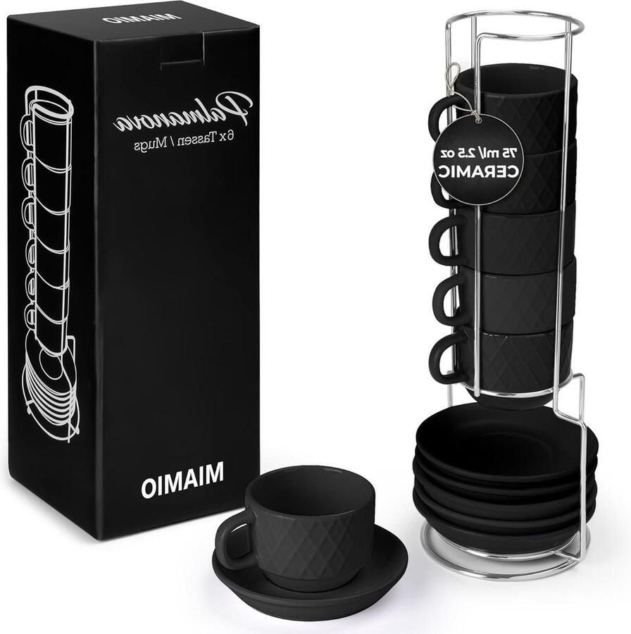 Espressokopjes set met ruitpatroon keramiek Palmanova collectie (Zwart) 6 stuks Koffiekopjes set van 6