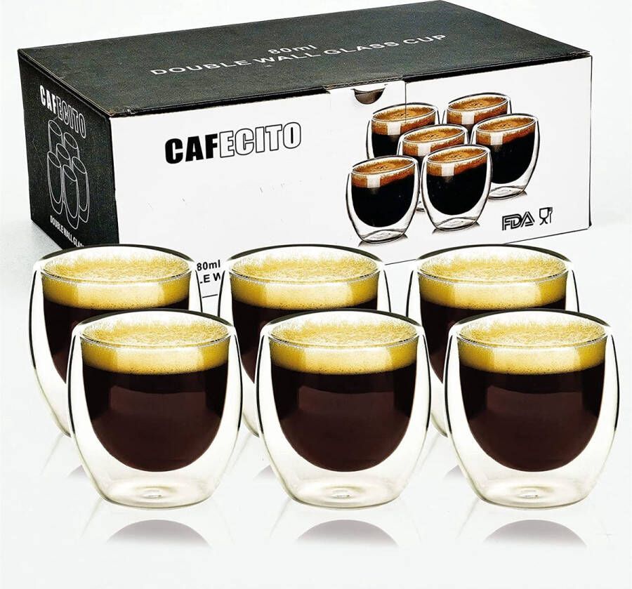 Espressokopjes set van 6 x 80 ml dubbelwandige glazen van borosilicaatglas vaatwasserbestendig latte macchiato-glazen cappuccinokopjes koffiekopjes