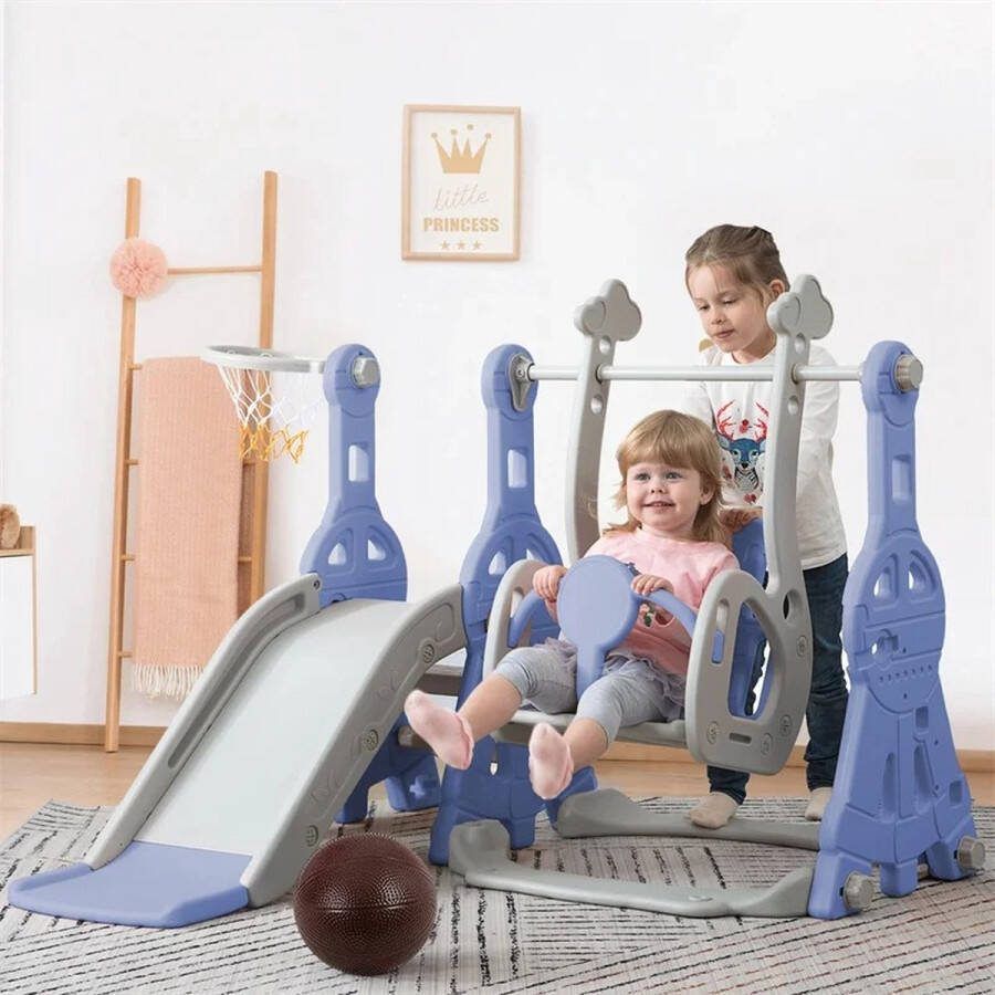 Eszenzics™ 4-in-1 Speeltoestel Billy Glijbaan Schommel Ladder Basketbalring Model DM01 Veilig en solide Blauw Grijs 1 tot 6 jaar