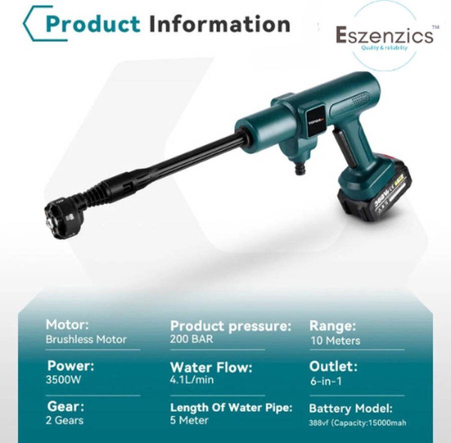 Eszenzics™ Elektrische Hogedrukreiniger 6in1 Carwash 3500W 200bar Borstelloos Waterpistool Voor Makita incl. 2 accu's 18 V Tuin Irrigatie Spuitpistool