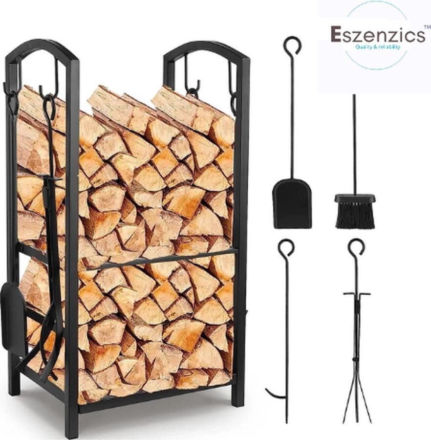 Eszenzics™ Houtopslag brandhoutrek Incl. 4-delig gereedschap Voor haardhout en brandhout Zwart metaal 2-laags opslag 75X40X30 cm