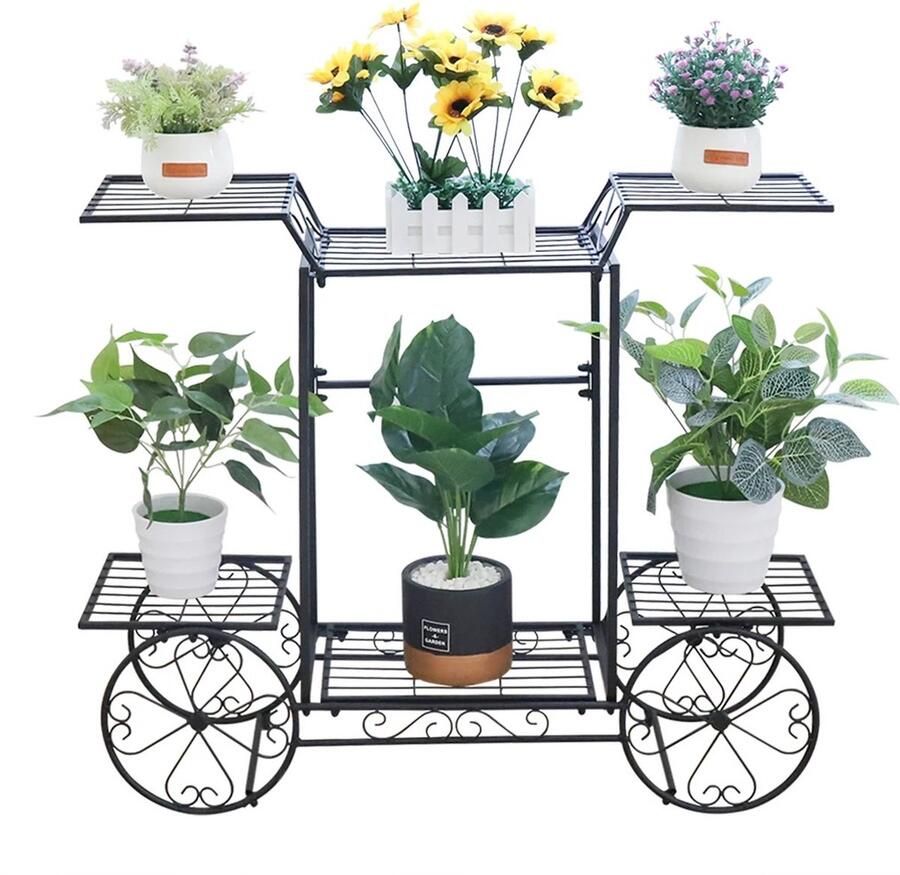 Eszenzics™ Plantenrek Zwart Poedercoat Metaal 4 wielen 6-laags 83x22x68.5cm -Landelijk Tuin Patio Binnen en Buiten Bloemen Planten