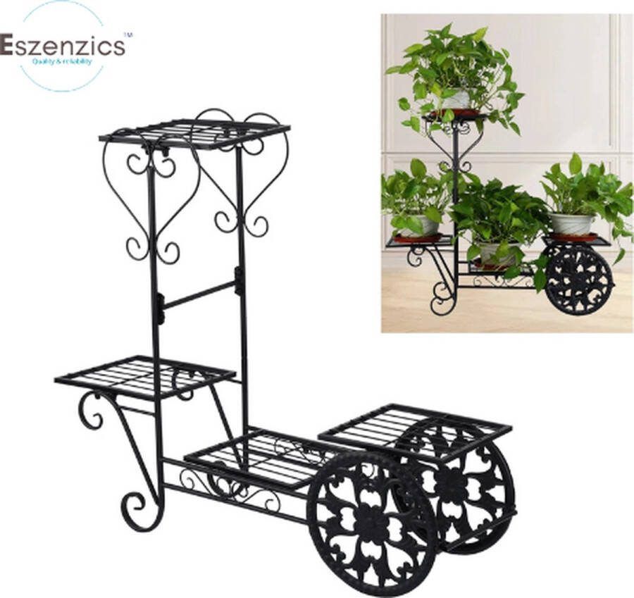Eszenzics™ Plantenrek Zwart Poedercoat Metaal Model Kar 4-laags Tuin Patio Binnen en Buiten Bloemen Planten