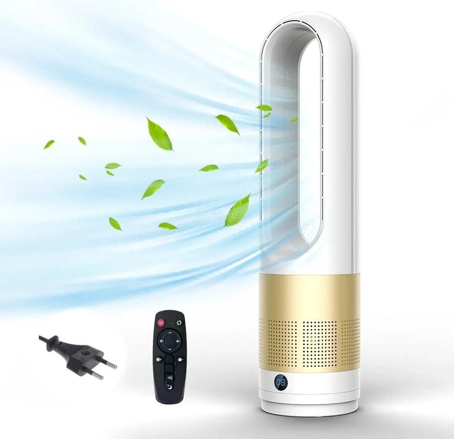 Eszenzics™ Ventilator Torenmodel Afstandsbediening 80° Ultrastille bladloze ventilatie 8-uurs timer 8 instelbare standen Kantoor of thuis Wit-Goudkleur 56x14 cm
