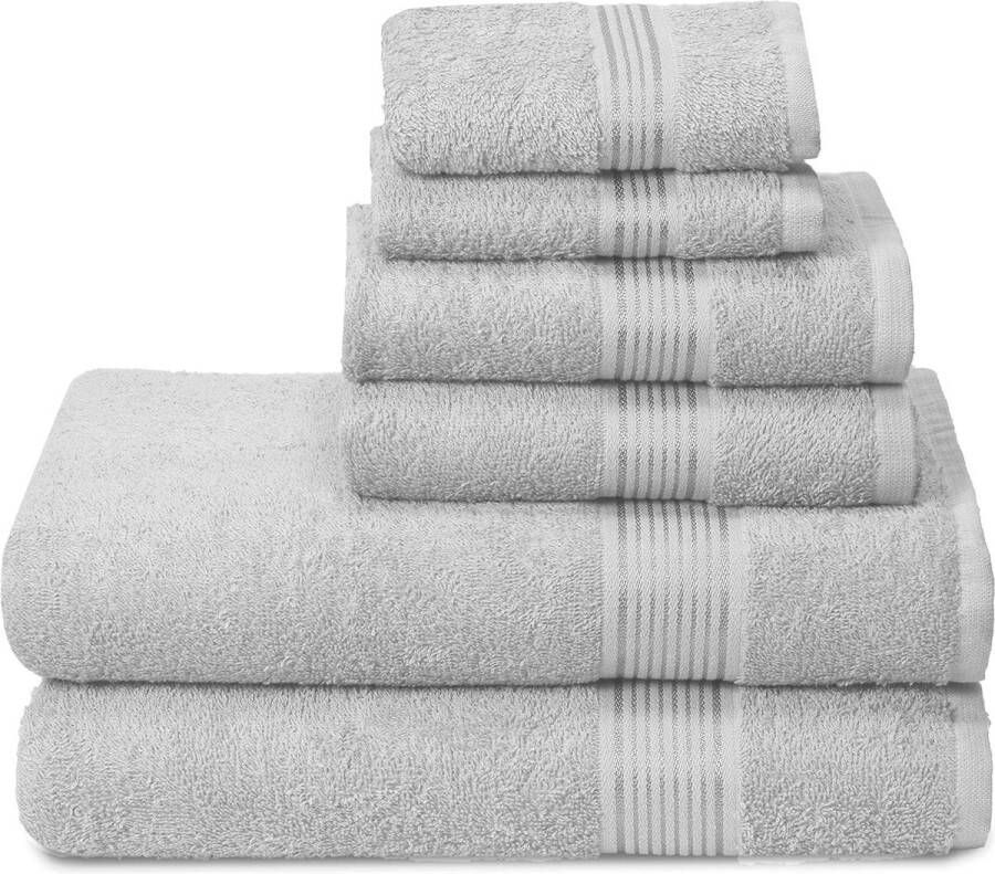 Et van 6 ultrazachte katoenen handdoeken bevat 2 extra grote badhanddoeken 70 x 140 cm 2 handdoeken van 40 x 60 cm en 2 handdoeken van 30 x 30 cm lichtgrijs