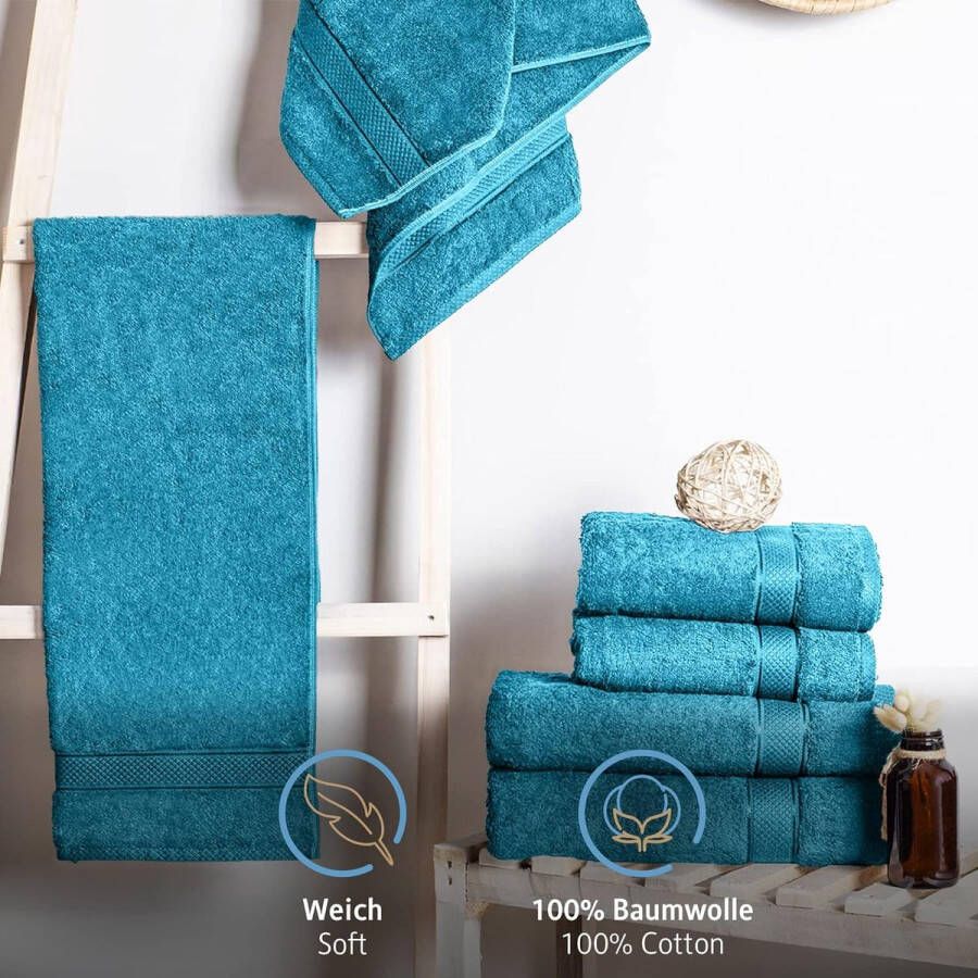 Et van 8 handdoeken 100% katoen 470 g m² 4 badhanddoeken 70 x 140 cm en 4 handdoeken 50 x 100 cm zachte badstof groot formaat turquoise
