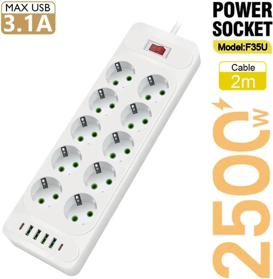 Eu Stekker Ac Stopcontact Multitap Stekkerdoos 10 Aansluitingen met 4 USB en 2 Type-C 2M Verlengsnoer Elektrisch Stopcontact Smart Usb Home Office Overspanningsbeveiliging Netwerkfilter Wit