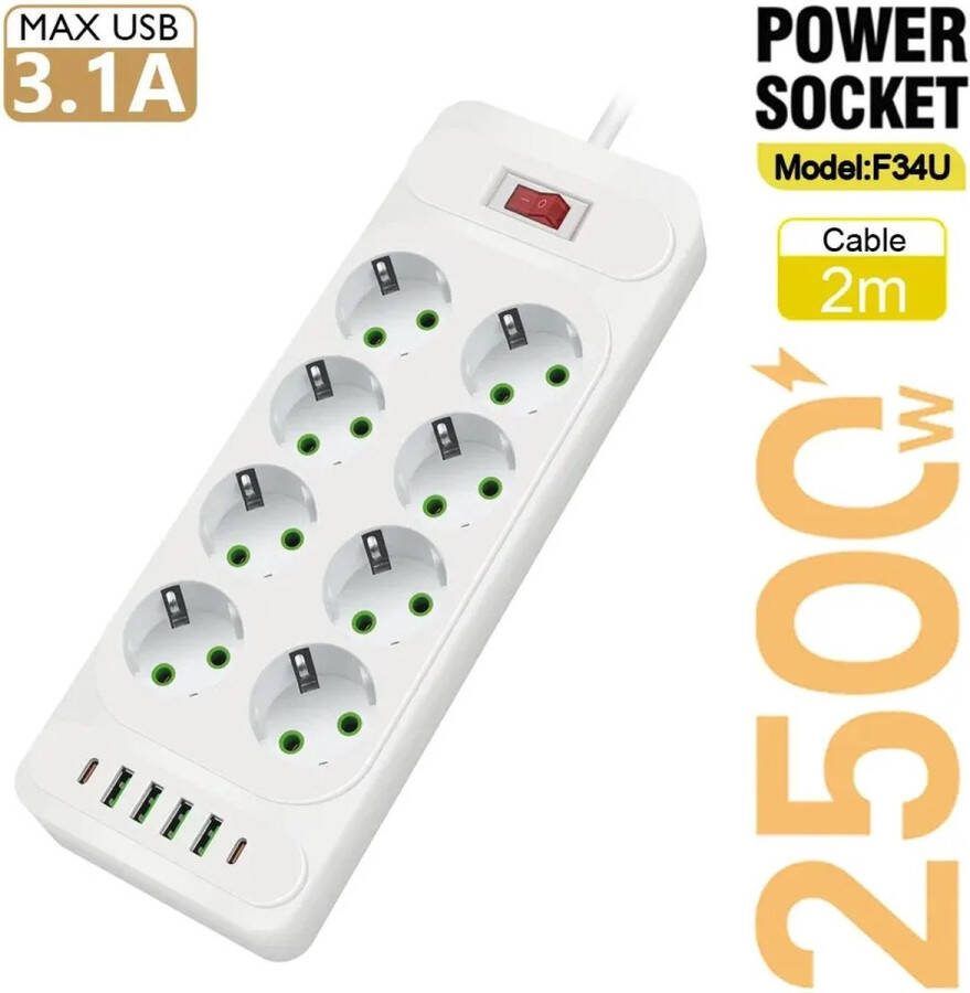 Eu Stekker Ac Stopcontact Multitap Stekkerdoos 8 Aansluitingen met 4 USB en 2 Type-C 2M Verlengsnoer Elektrisch Stopcontact Smart Usb Home Office Overspanningsbeveiliging Netwerkfilter Wit