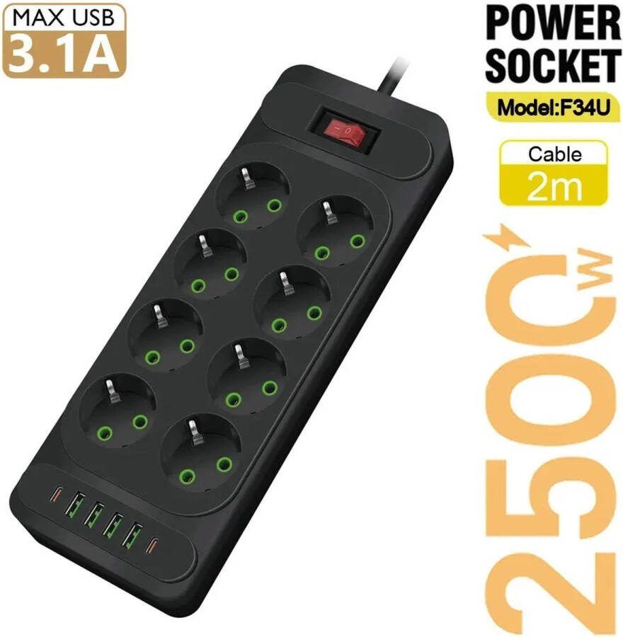 Eu Stekker Ac Stopcontact Multitap Stekkerdoos 8 Aansluitingen met 4 USB en 2 Type-C 2M Verlengsnoer Elektrisch Stopcontact Smart Usb Home Office Overspanningsbeveiliging Netwerkfilter Zwart