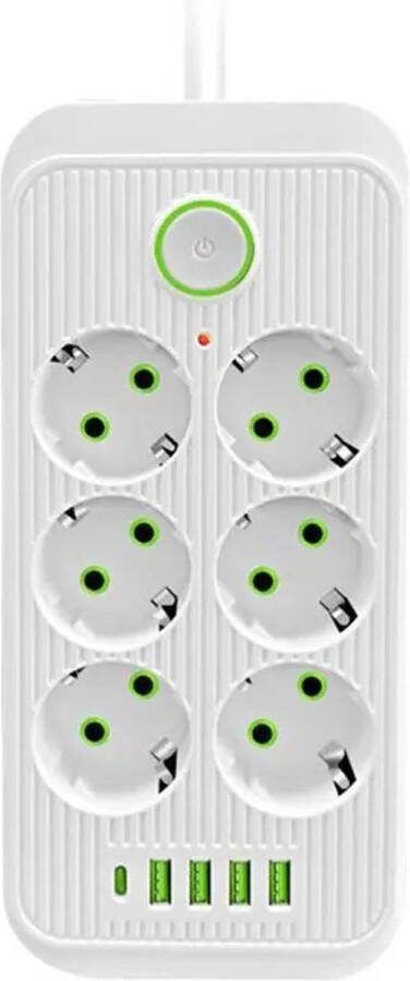 Eu Stekker Multiprise 6ac Stopcontacten Stekker 2M Verlengkabel Stopcontact Met 4 Usb 1 Type-C Netwerk Filter Snel Opladen Wit