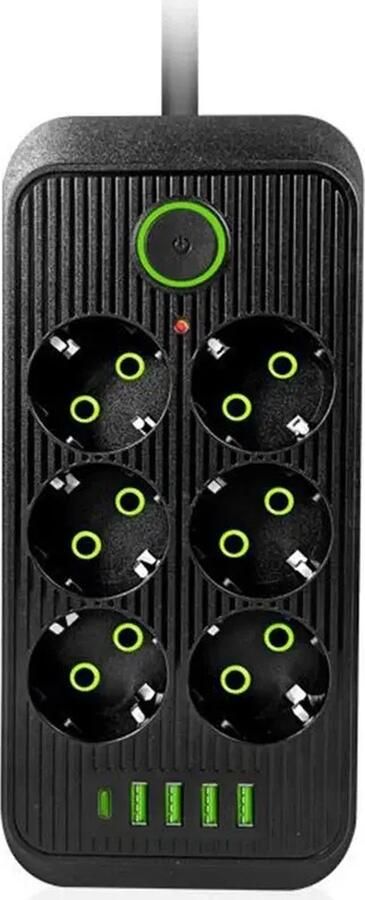 Eu Stekker Multiprise 6ac Stopcontacten Stekker 2M Verlengkabel Stopcontact Met 4 Usb 1 Type-C Netwerk Filter Snel Opladen Zwart