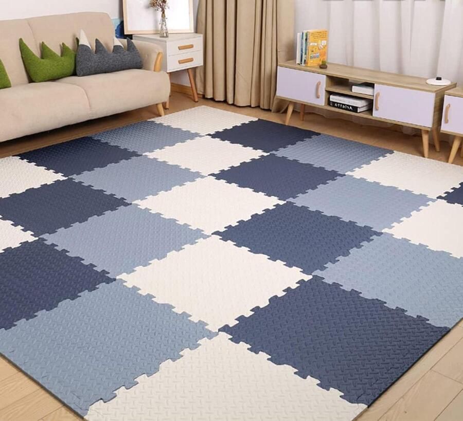 EVA-schuim babypuzzelmat kruipmat speelmat antislip Puzzelmat vloerbescherming 30 x 30 x 12 cm Wit marineblauw lichtblauw 18 stuks