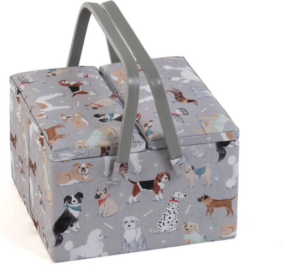 Exclusieve grote naai-opbergdoos met twee deksels 25 x 25 x 17 cm grijze honden
