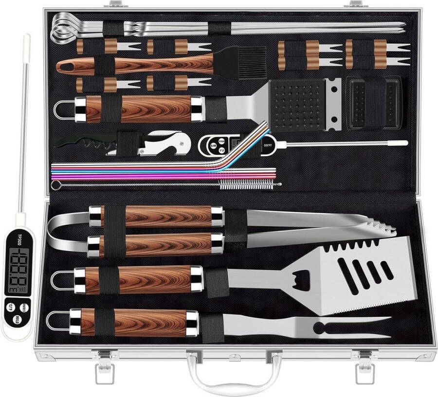 Extra dikke RVS grillset BBQ grilaccessoires voor mannen in aluminium koffer met vleesthermometer 26 stuks bruin bbq accessoires