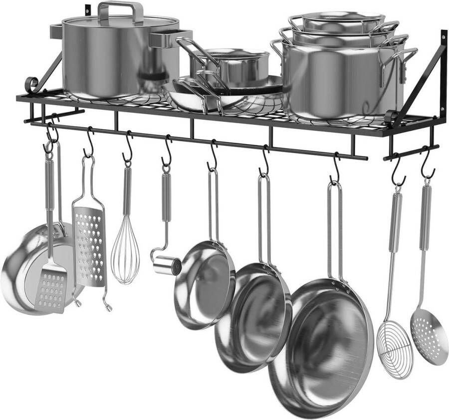 Extra groot keukenrek wandrek voor potten pannen 90 cm zwart met 10 haken ophangrek keukengerei
