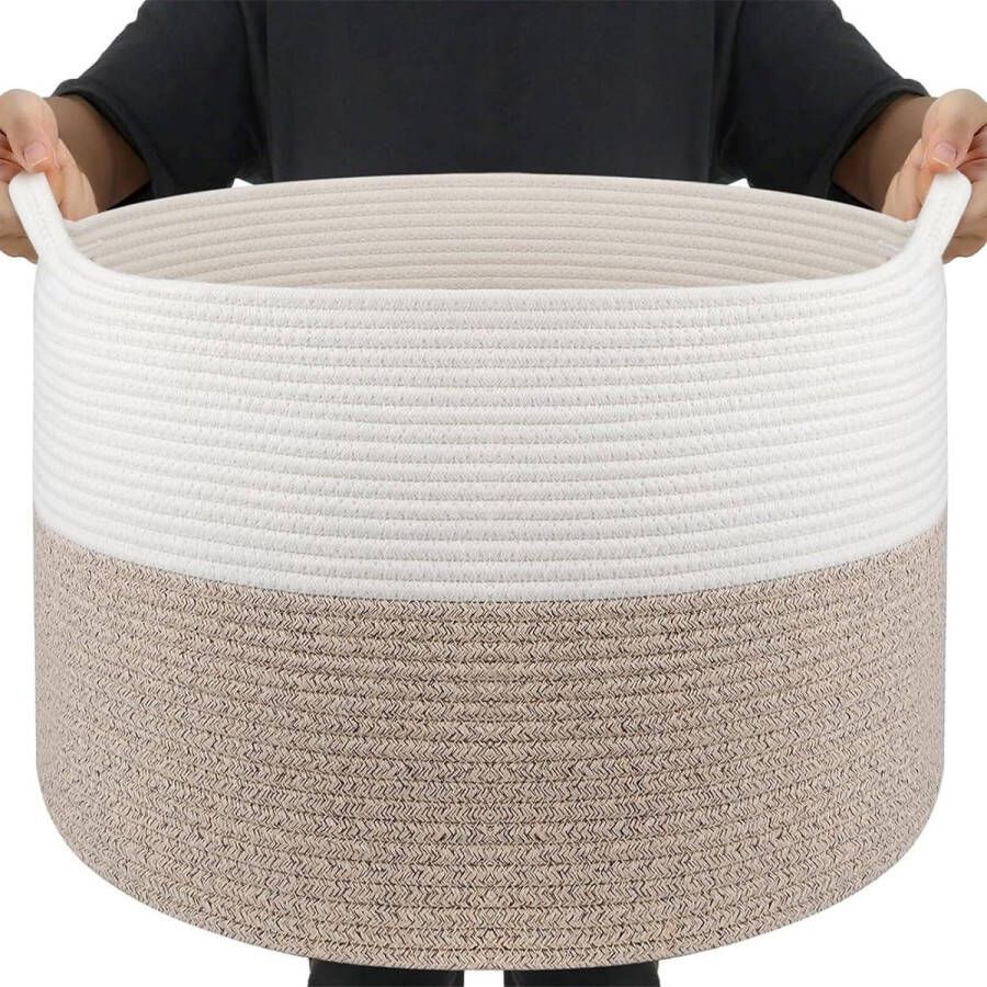 Extra grote deken opbergmand voor woonkamer slaapkamer opvouwbare mand met 5 zakken hondenspeelgoedmand voor kinderkamer geweven mand met handgrepen wit en bruin Maliton blanket basket