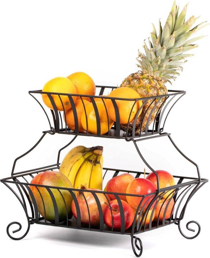 Extra Grote Fruitetagère voor Groenten en Fruit Twee Verdiepingen Metaal Fruitmand Zwart Moderne Fruitschalen Etagère 385 x 327 x 355 cm