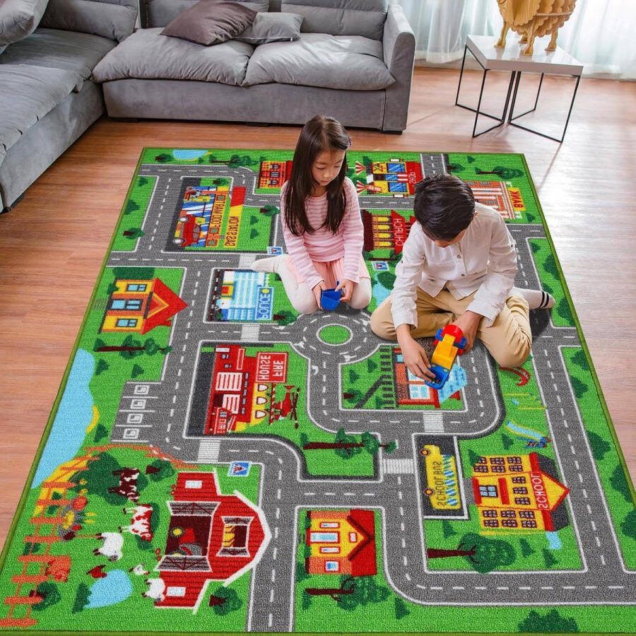 Extra grote kinderspeeltapijt stad-wegenkaart speelmat voor educatief leren in speelkamer-slaapkamer-woonkamer (100 cm x 150 cm)