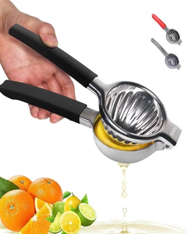 Extra grote roestvrij stalen citroenknijper Citruspers met Food Grade siliconen handvat Ergonomische handmatige juicer met massief metalen kom (zwart)