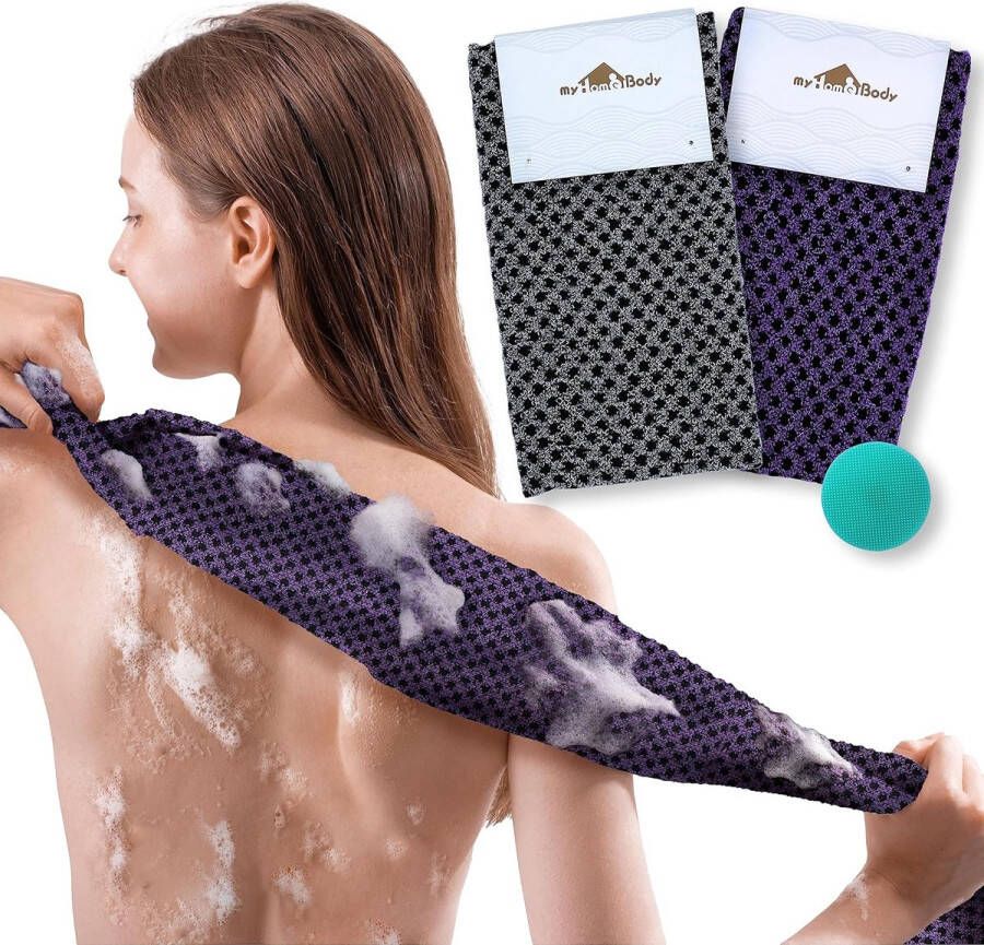 Extra lang exfoliërend washandje Exfoliërende bodyscrub Exfoliërende handdoek Japans washandje 3D-textuur Obsidian en Raisin Dots set van 2 met extra gezichtsborstel