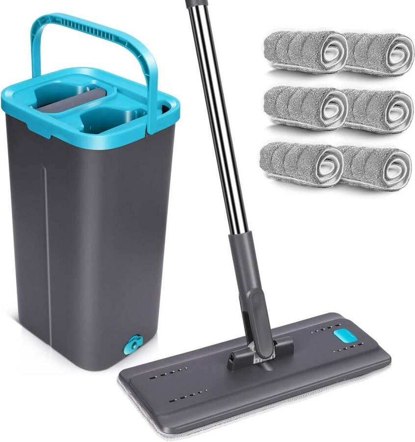 Extra lange Platte microvezel dweil 149 cm Uitwringvak Schone handen Draaibare mop en emmer met zelfwassysteem 6 herbruikbare sponzen Handgrepen van roestvrij staal
